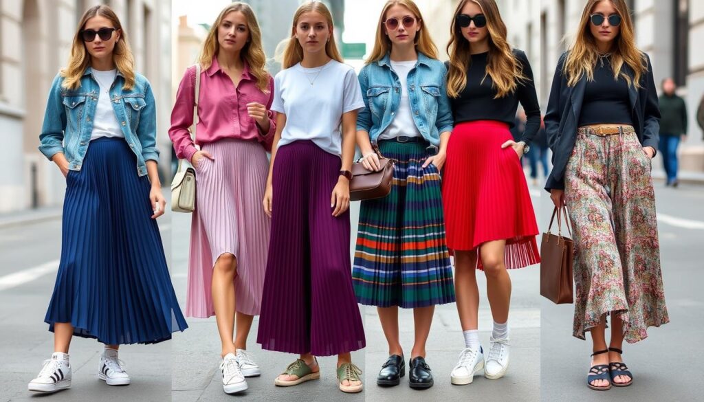 Pleated skirts in casual outfits